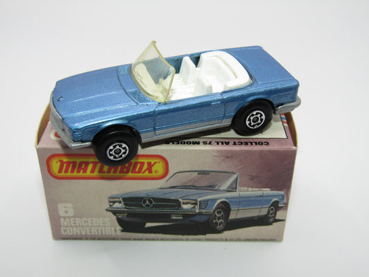 Matchbox Superfast 6B Mercedes 350SL Convertible Metallic Blue, SILVER Base MALTESE CROSS WHEELS