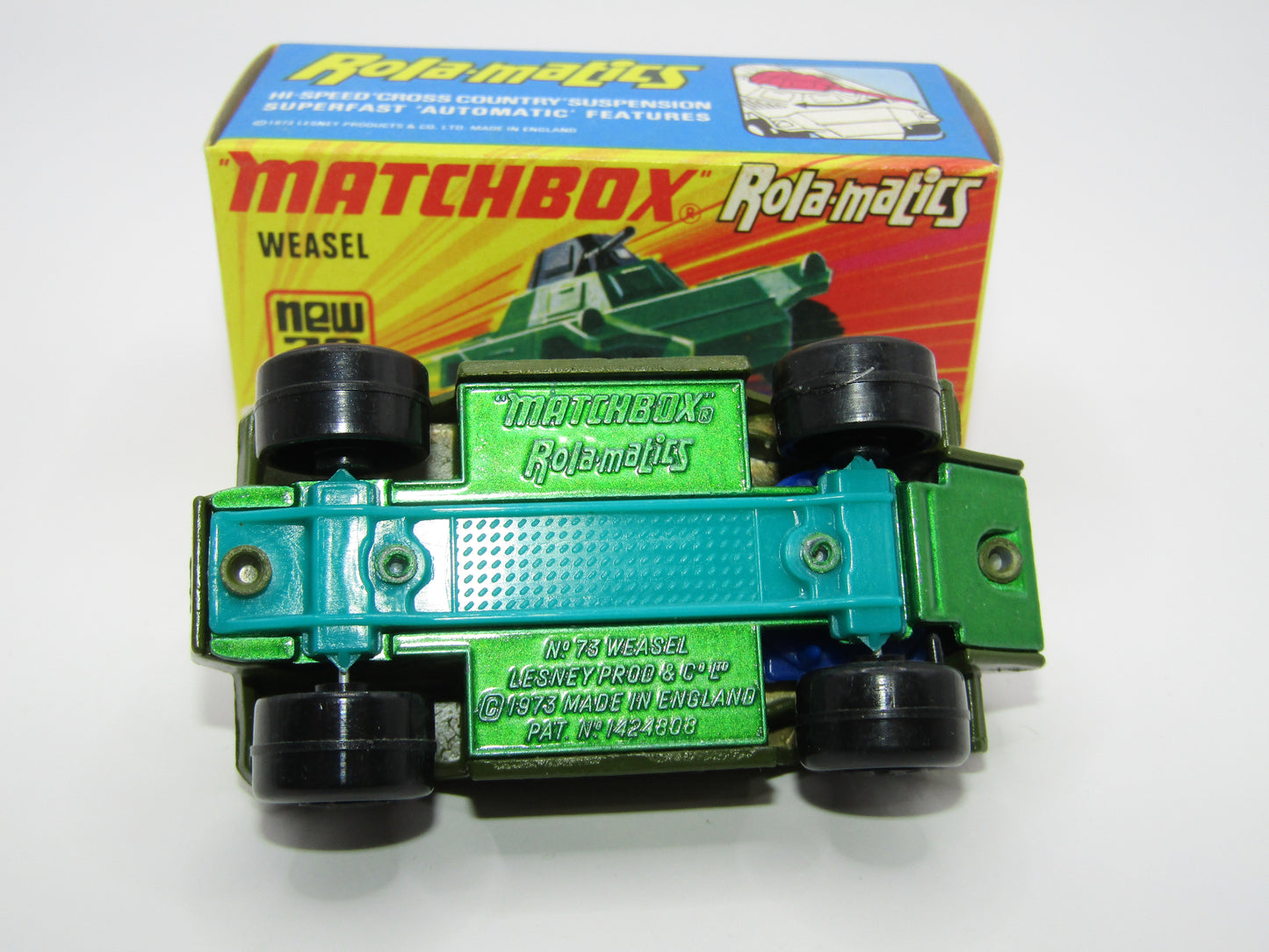 Matchbox Superfast 73B Weasel Olive Green BLUE Base Spinner Rare