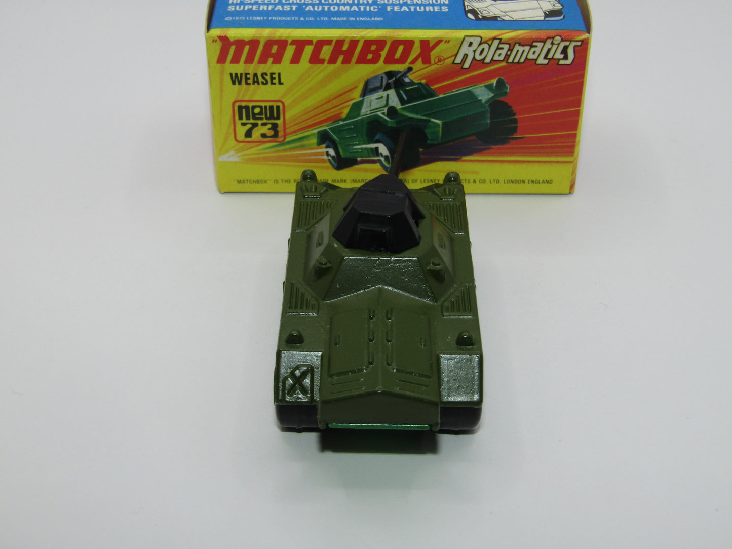 Matchbox Superfast 73B Weasel Olive Green BLUE Base Spinner Rare