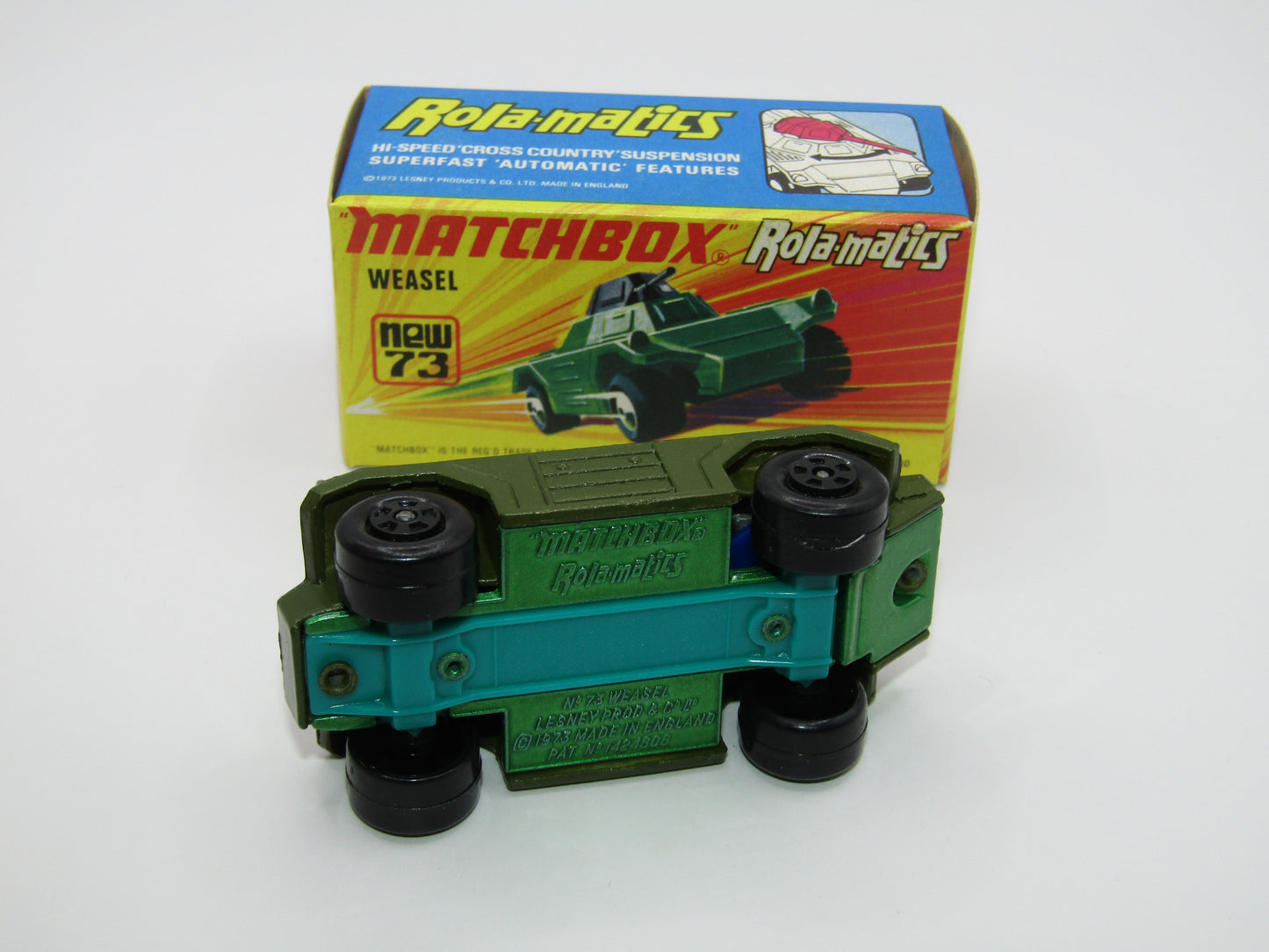 Matchbox Superfast 73B Weasel Olive Green BLUE Base Spinner Rare