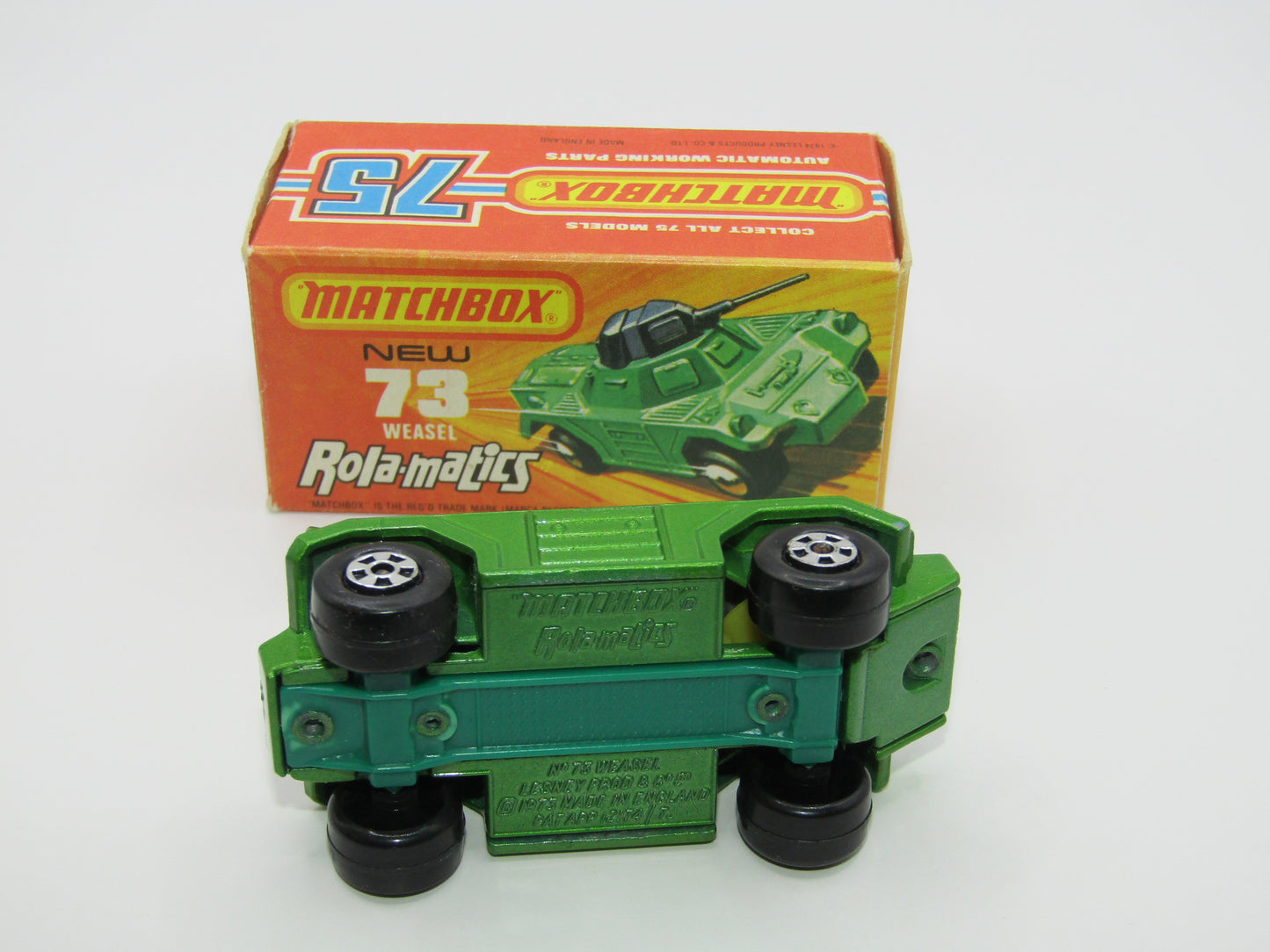Matchbox Superfast 73B Weasel Metallic Green YELLOW Base Spinner