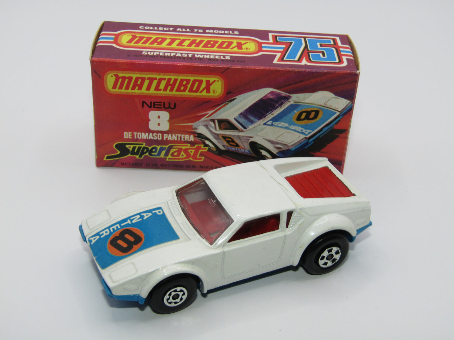 Matchbox Superfast 8C De Tomaso Pantera RED Interior Bonnet Label
