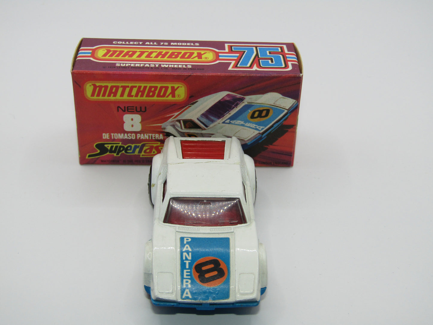 Matchbox Superfast 8C De Tomaso Pantera RED Interior Bonnet Label