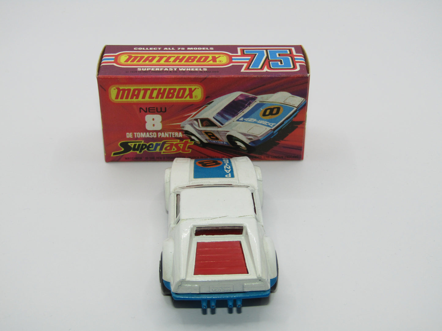 Matchbox Superfast 8C De Tomaso Pantera RED Interior Bonnet Label