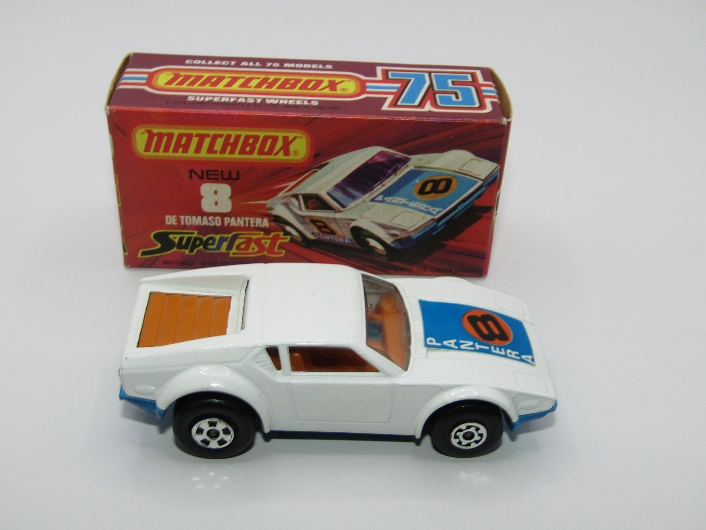 Matchbox Superfast 8C De Tomaso Pantera LIGHT ORANGE Interior Bonnet Label