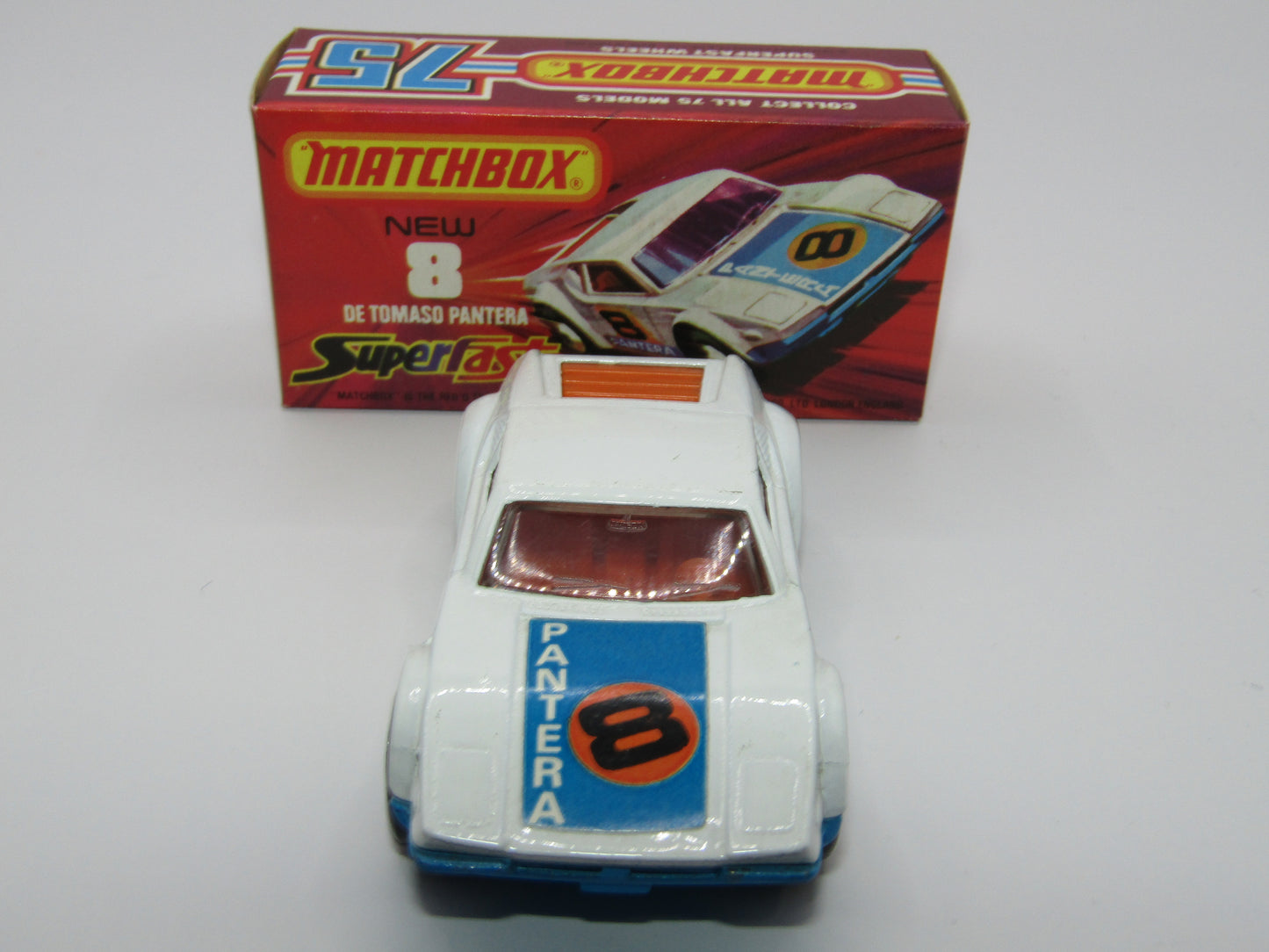 Matchbox Superfast 8C De Tomaso Pantera Reversed Wheels Bonnet Label