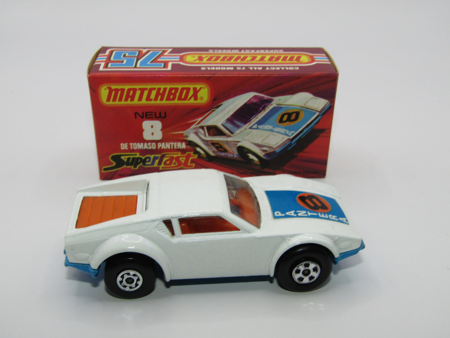 Matchbox Superfast 8C De Tomaso Pantera Reversed Wheels Bonnet Label