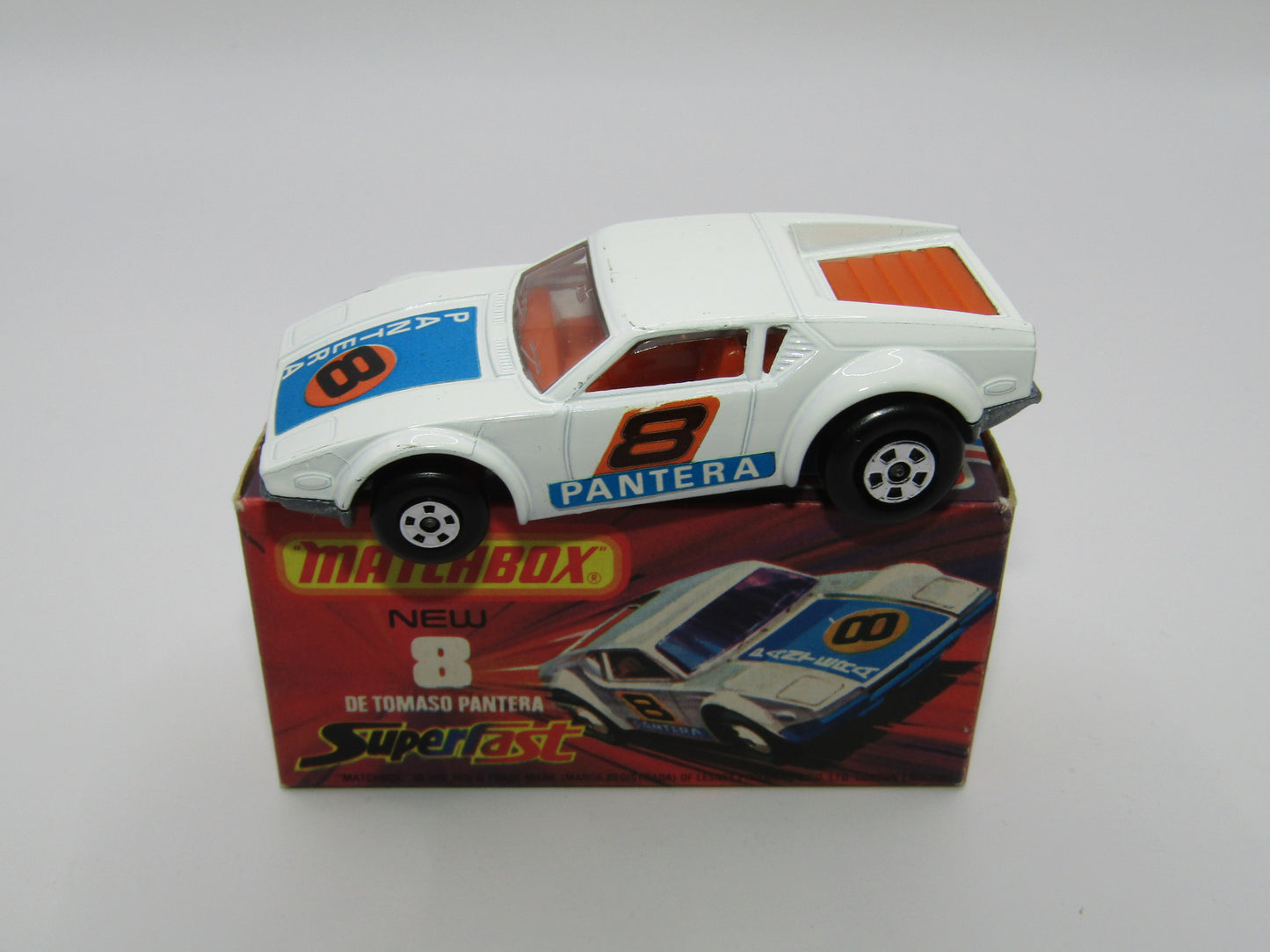 Matchbox Superfast 8C De Tomaso Pantera UNPAINTED Base with 5 SPOKE Wheels Full Set of labels