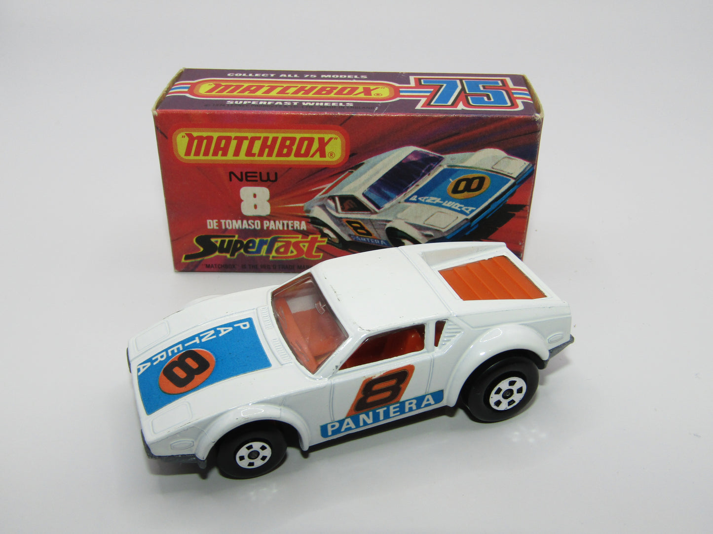 Matchbox Superfast 8C De Tomaso Pantera UNPAINTED Base with 5 SPOKE Wheels Full Set of labels