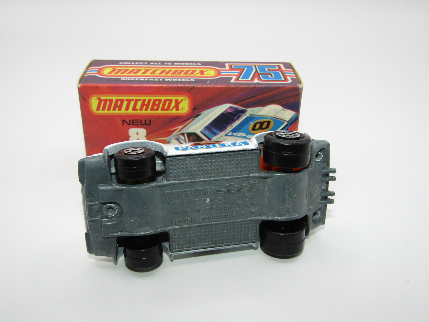 Matchbox Superfast 8C De Tomaso Pantera UNPAINTED Base with 5 SPOKE Wheels Full Set of labels