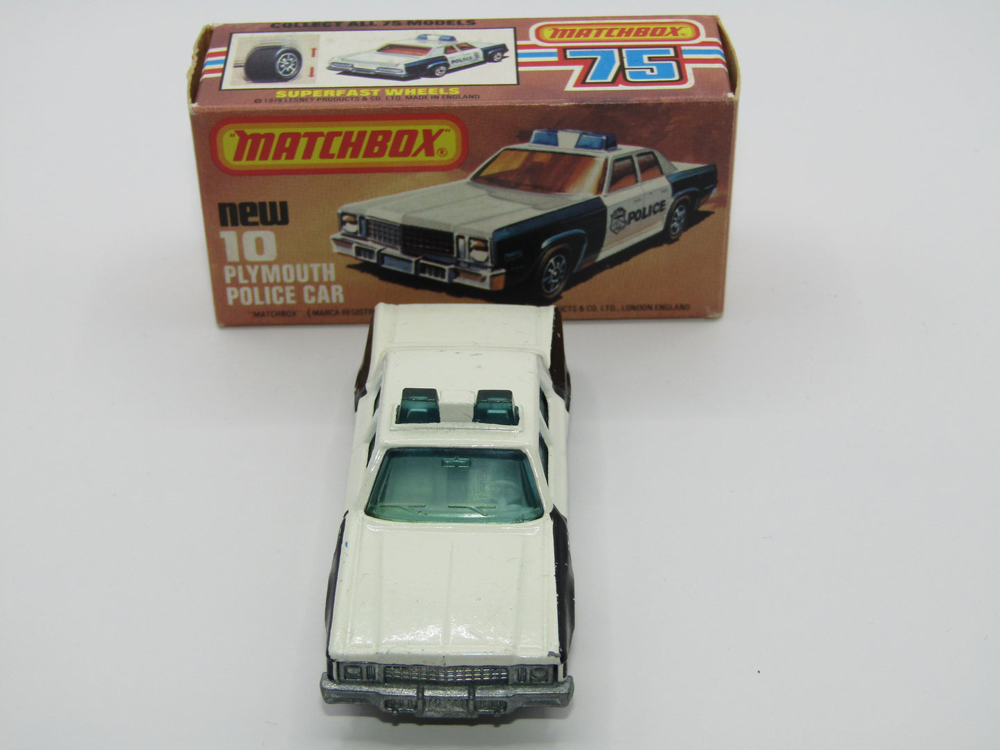 Matchbox Superfast 10C Plymouth Gran Fury Shield & Police Tampo Blue Green Windows
