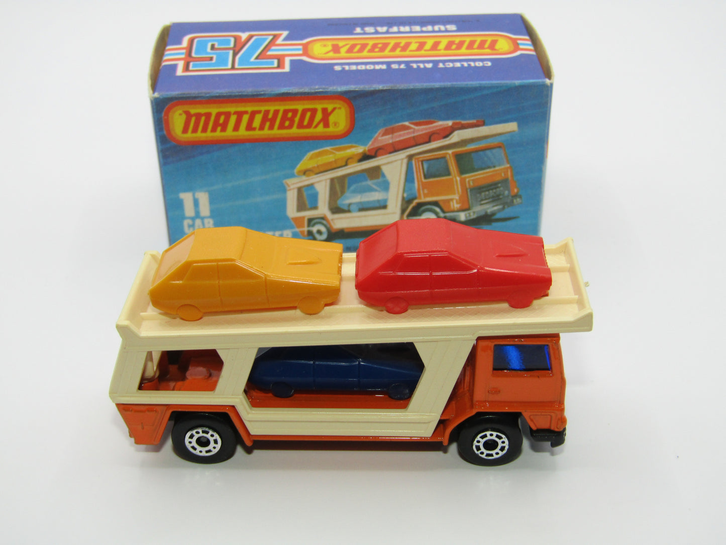 Matchbox Superfast No 11C Car Transporter Orange VERY DARK BLUE Car Black Base