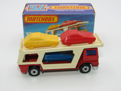 Matchbox Superfast No 11C Car Transporter Red, DARK BLUE Car, Rare on Red Transporter