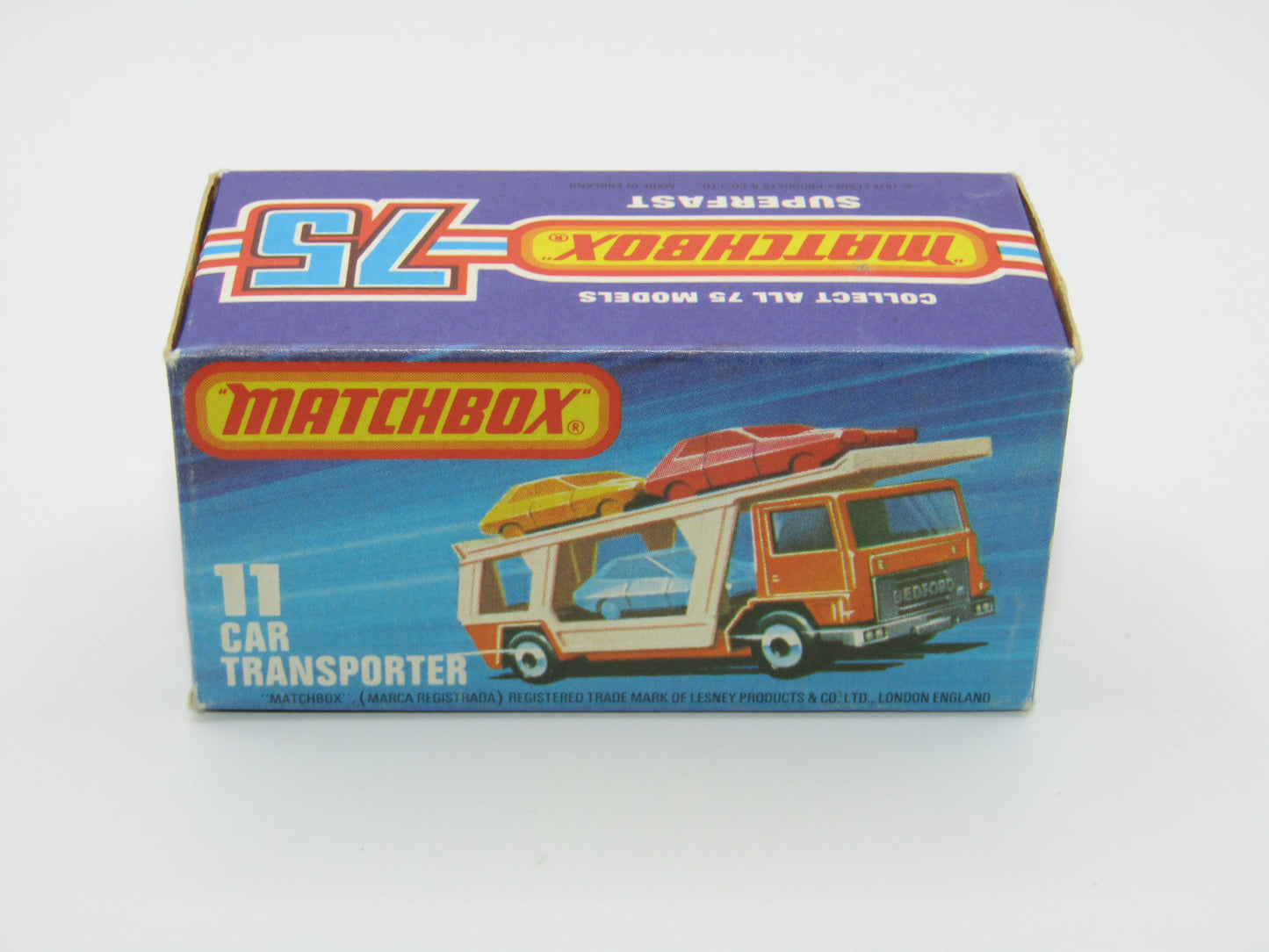 Matchbox Superfast No 11C Car Transporter Red, DARK BLUE Car, Rare on Red Transporter