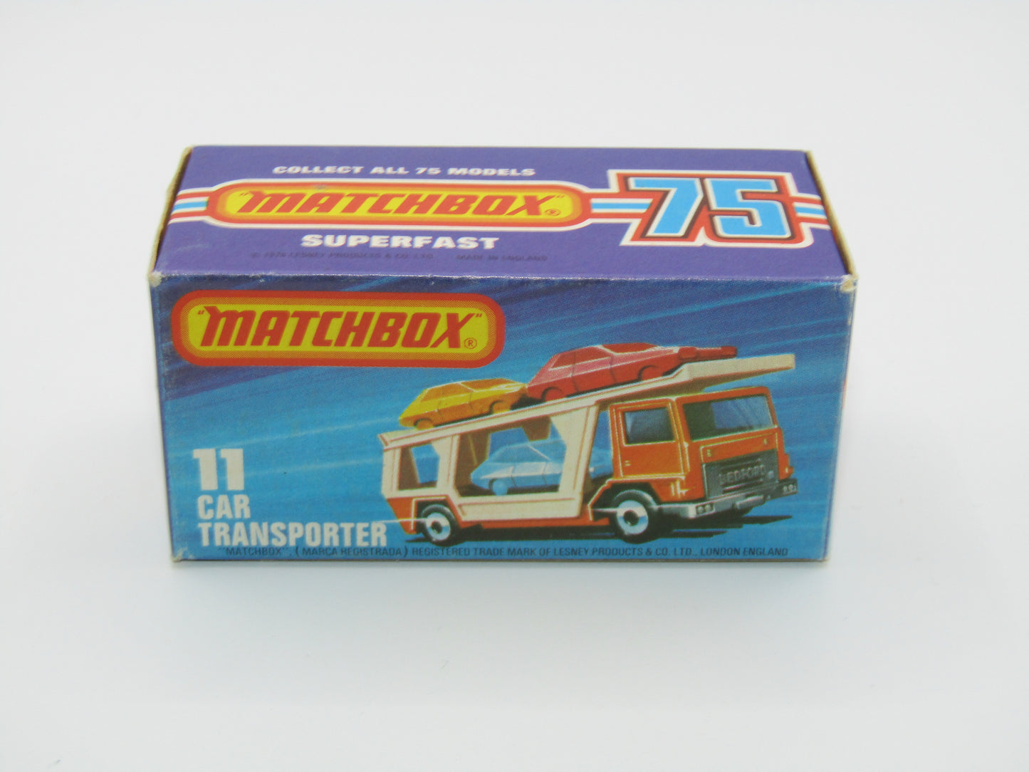 Matchbox Superfast No 11C Car Transporter Red, DARK BLUE Car, Rare on Red Transporter