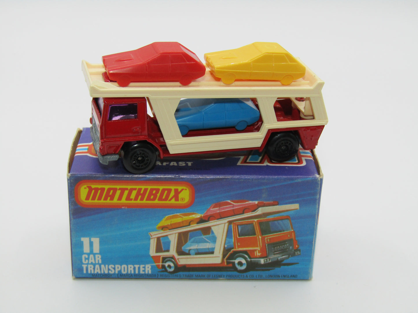 Matchbox Superfast No 11C Car Transporter Red, PURPLE Windows, BLACK HUBS, Unpainted Base