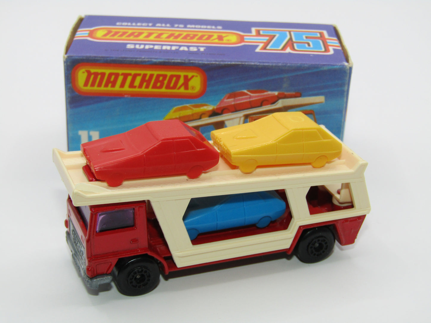 Matchbox Superfast No 11C Car Transporter Red, PURPLE Windows, BLACK HUBS, Unpainted Base