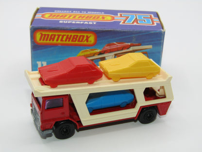 Matchbox Superfast No 11C Car Transporter Red, PURPLE Windows, BLACK HUBS, Unpainted Base
