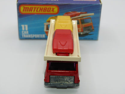 Matchbox Superfast No 11C Car Transporter Red, PURPLE Windows, BLACK HUBS, Unpainted Base
