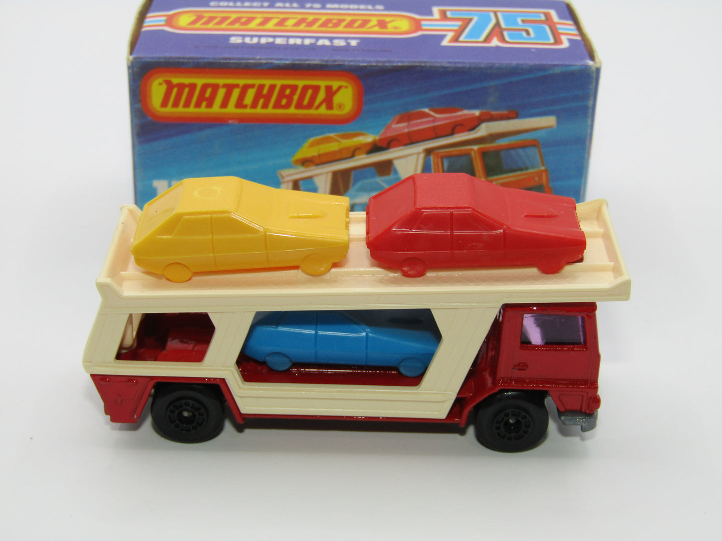 Matchbox Superfast No 11C Car Transporter Red, PURPLE Windows, BLACK HUBS, Unpainted Base