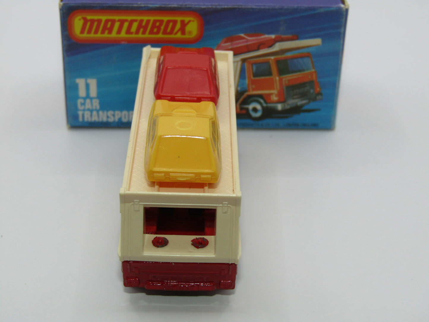 Matchbox Superfast No 11C Car Transporter Red, PURPLE Windows, BLACK HUBS, Unpainted Base