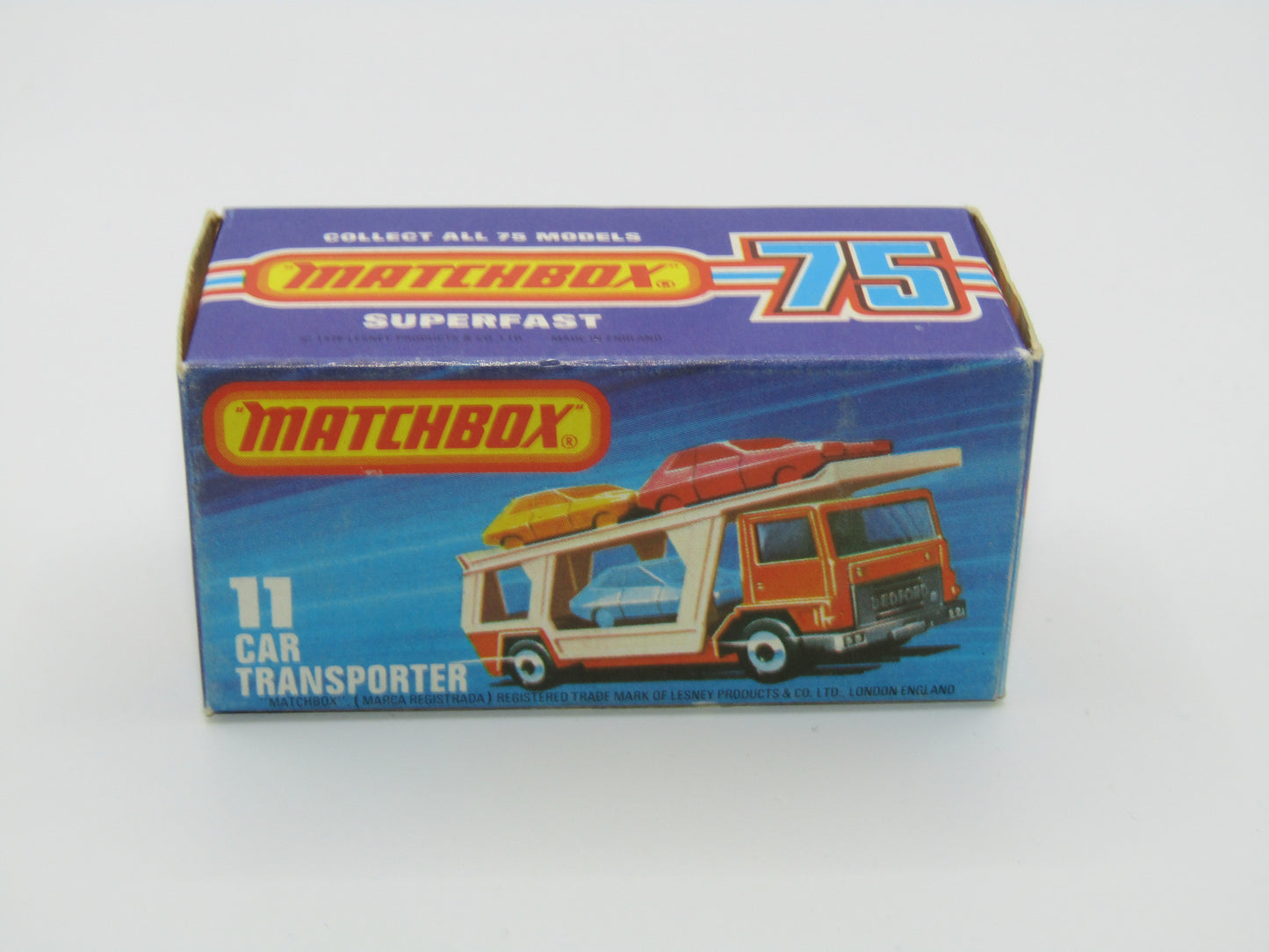 Matchbox Superfast No 11C Car Transporter Red, PURPLE Windows, BLACK HUBS, Unpainted Base