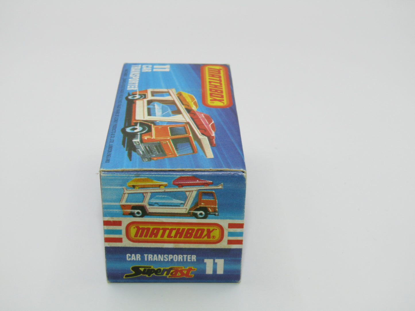 Matchbox Superfast No 11C Car Transporter Red, PURPLE Windows, BLACK HUBS, Unpainted Base