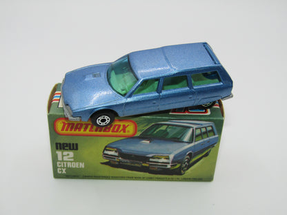 Matchbox Superfast No 12D Citroen CX Medium Metallic Blue, BLUE WINDOWS, Light Yellow Interior, Silver Base