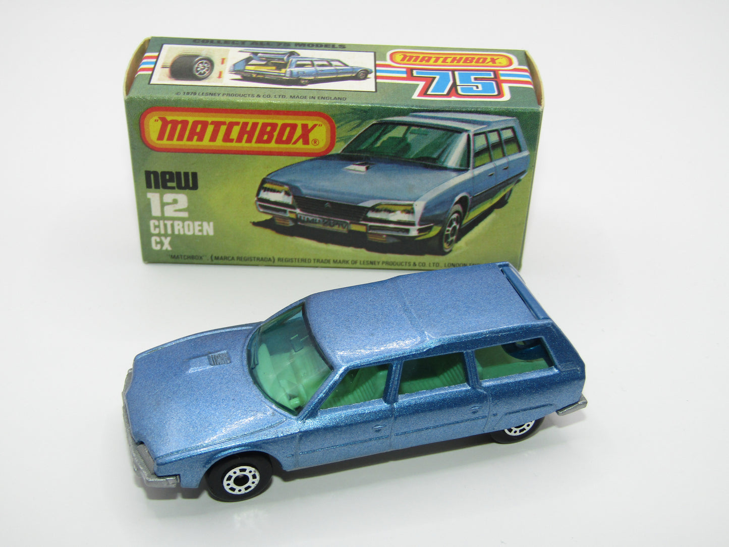 Matchbox Superfast No 12D Citroen CX Medium Metallic Blue, BLUE WINDOWS, Light Yellow Interior, Silver Base