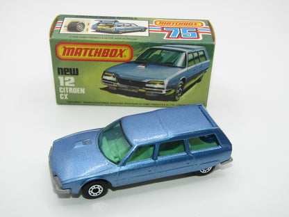 Matchbox Superfast No 12D Citroen CX Medium Metallic Blue, BLUE WINDOWS, Light Yellow Interior, Silver Base