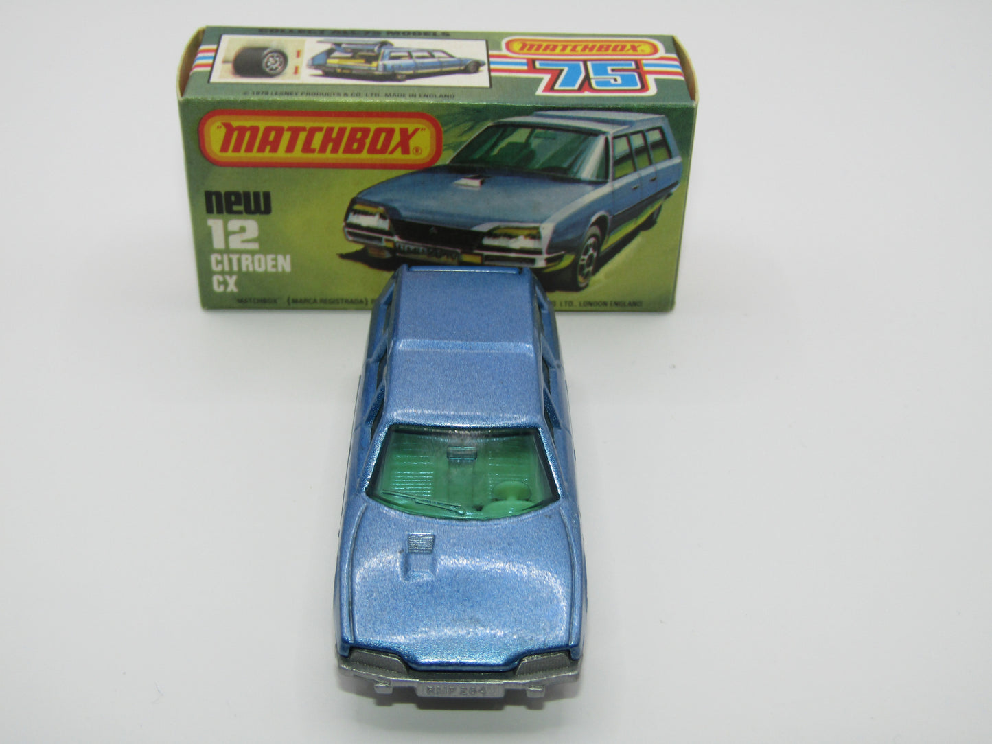 Matchbox Superfast No 12D Citroen CX Medium Metallic Blue, BLUE WINDOWS, Light Yellow Interior, Silver Base