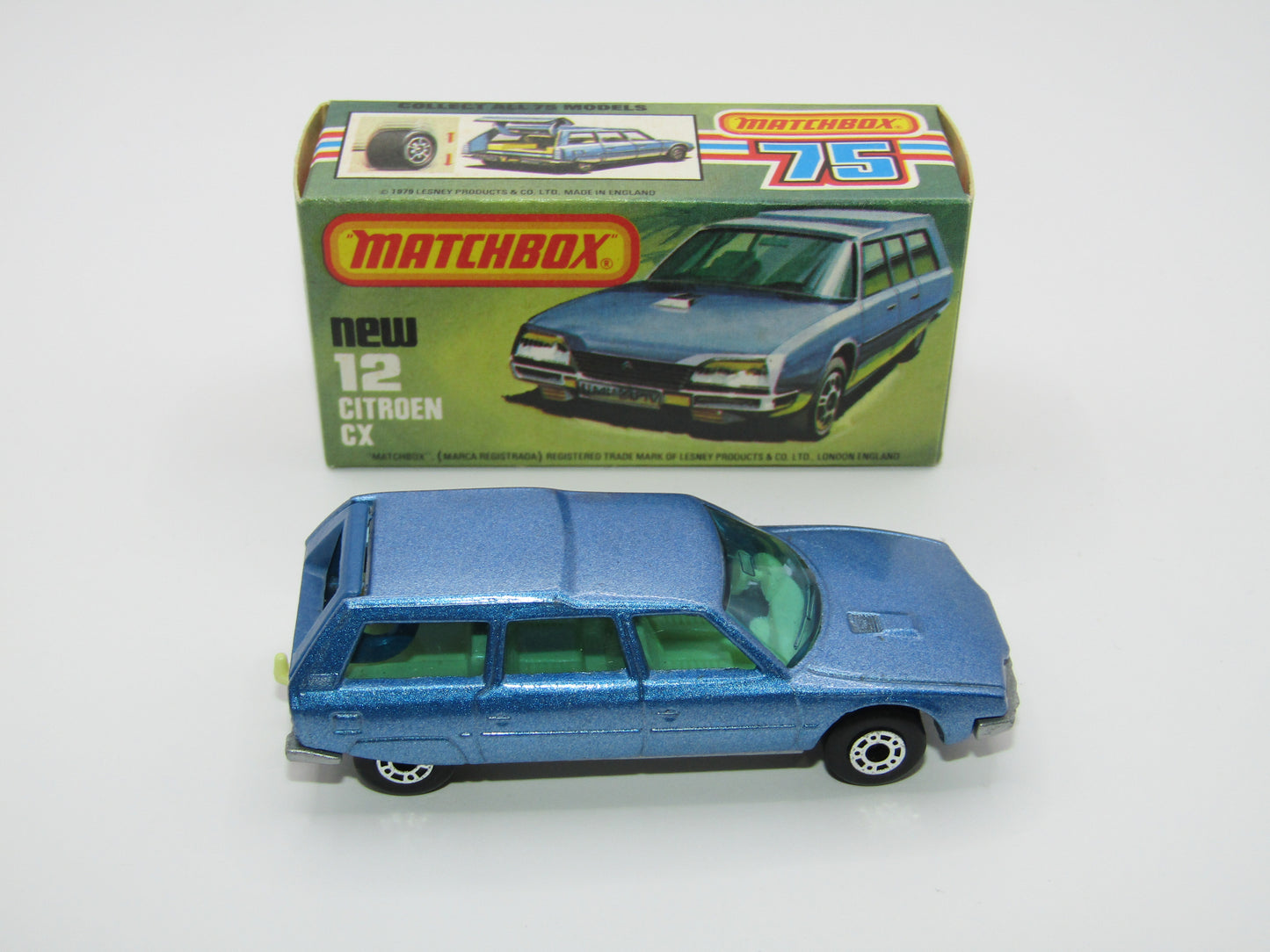 Matchbox Superfast No 12D Citroen CX Medium Metallic Blue, BLUE WINDOWS, Light Yellow Interior, Silver Base