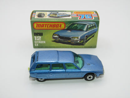 Matchbox Superfast No 12D Citroen CX Medium Metallic Blue, BLUE WINDOWS, Light Yellow Interior, Silver Base