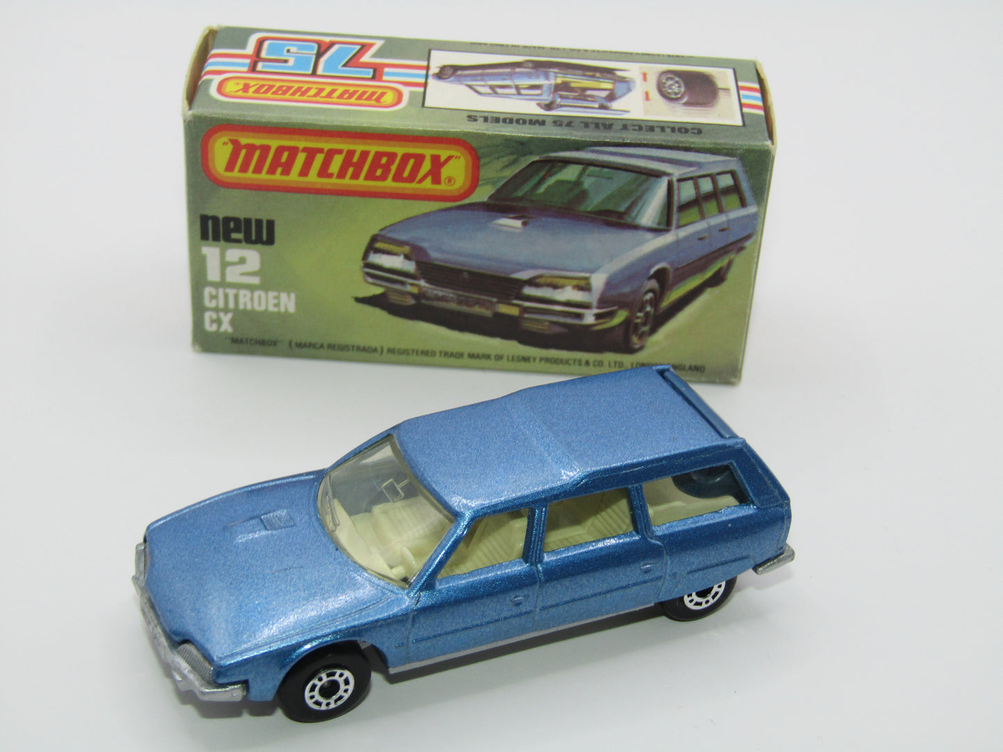 Matchbox Superfast No 12D Citroen CX Medium Metallic Blue, IVORY Interior, Silver Base