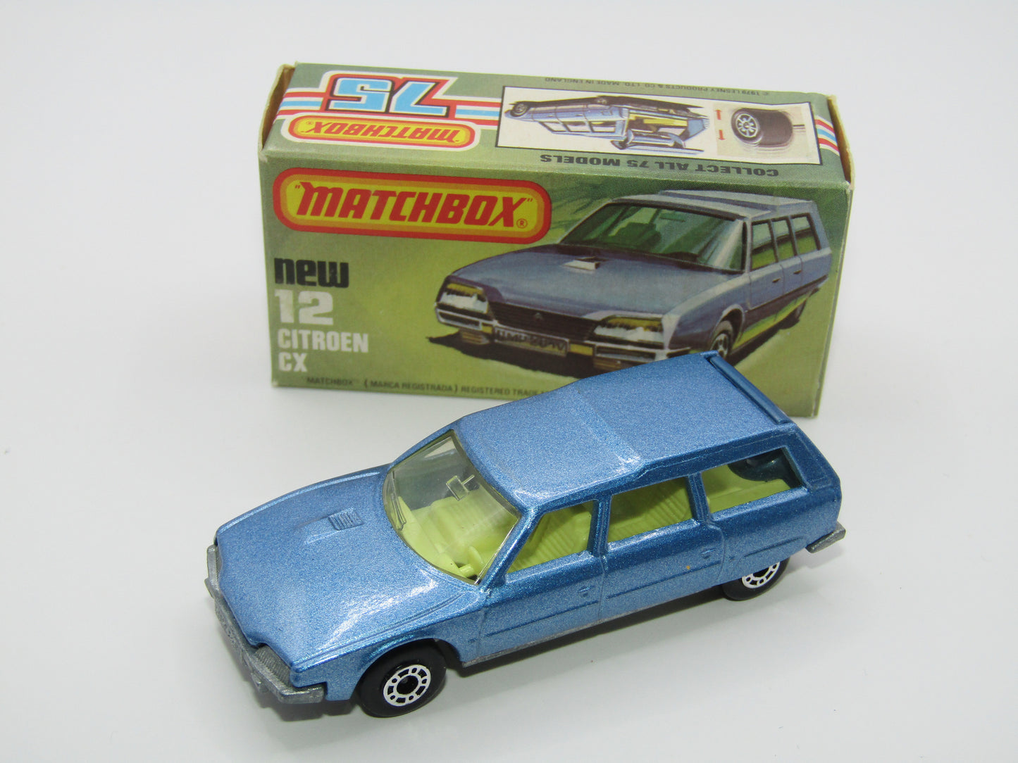 Matchbox Superfast No 12D Citroen CX Medium Metallic Blue, UNPAINTED BASE, Light Yellow Interior
