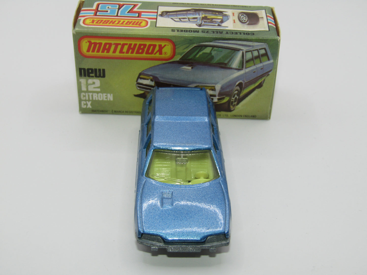 Matchbox Superfast No 12D Citroen CX Medium Metallic Blue, UNPAINTED BASE, Light Yellow Interior