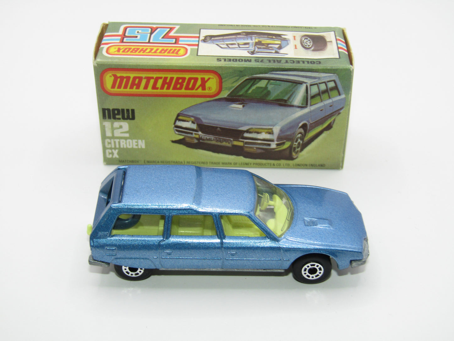 Matchbox Superfast No 12D Citroen CX Medium Metallic Blue, UNPAINTED BASE, Light Yellow Interior