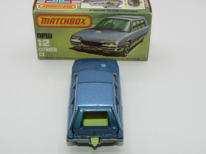 Matchbox Superfast No 12D Citroen CX Medium Metallic Blue, UNPAINTED BASE, Light Yellow Interior