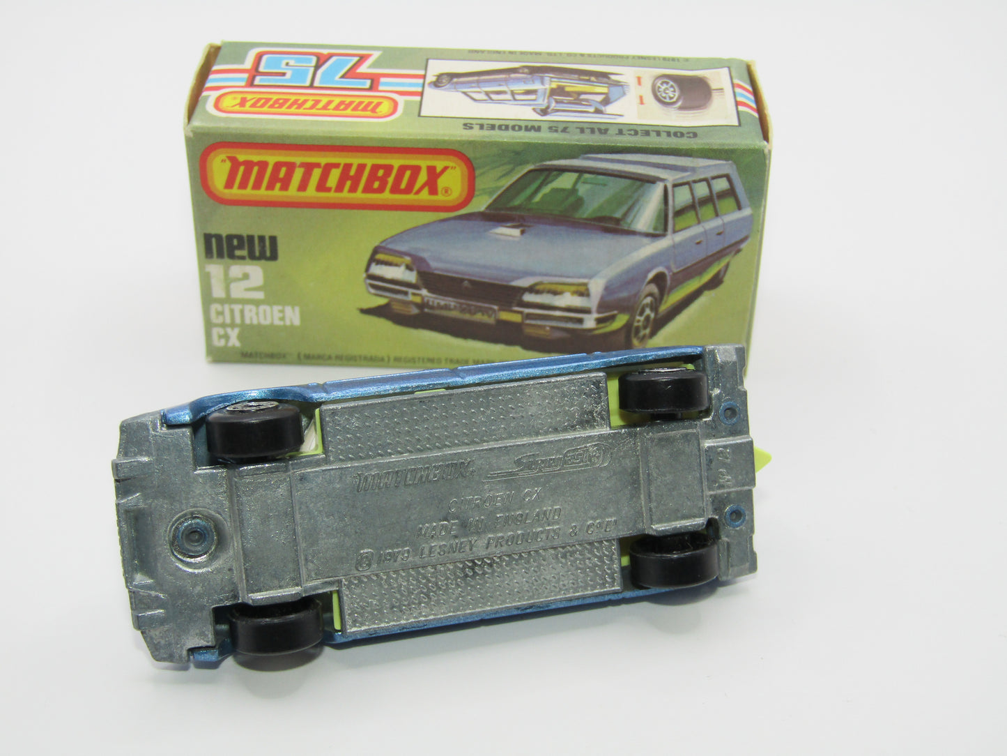 Matchbox Superfast No 12D Citroen CX Medium Metallic Blue, UNPAINTED BASE, Light Yellow Interior