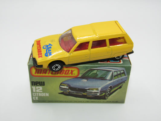 Matchbox Superfast No 12D Citroen CX Yellow, Blue & Red Tampo, CLEAR Windows SATIN BLACK BASE