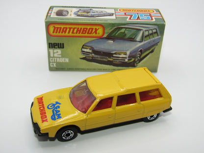 Matchbox Superfast No 12D Citroen CX Yellow, Blue & Red Tampo, CLEAR Windows SATIN BLACK BASE
