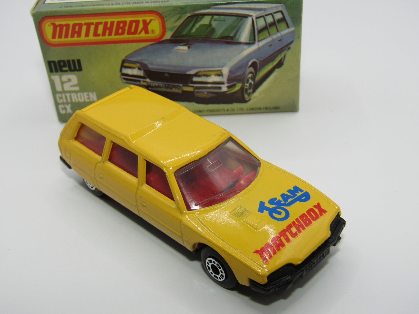 Matchbox Superfast No 12D Citroen CX Yellow, Blue & Red Tampo, CLEAR Windows SATIN BLACK BASE
