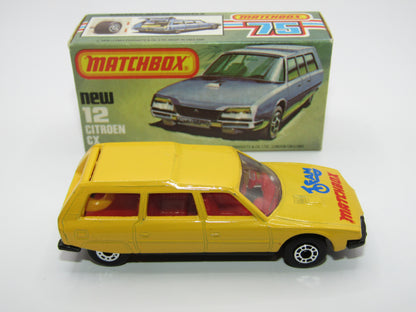 Matchbox Superfast No 12D Citroen CX Yellow, Blue & Red Tampo, CLEAR Windows SATIN BLACK BASE