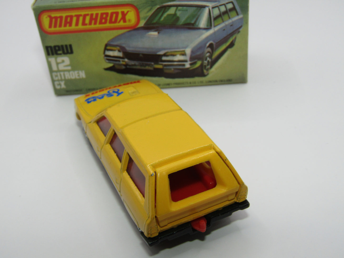 Matchbox Superfast No 12D Citroen CX Yellow, Blue & Red Tampo, CLEAR Windows SATIN BLACK BASE