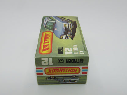 Matchbox Superfast No 12D Citroen CX Yellow, Blue & Red Tampo, CLEAR Windows SATIN BLACK BASE