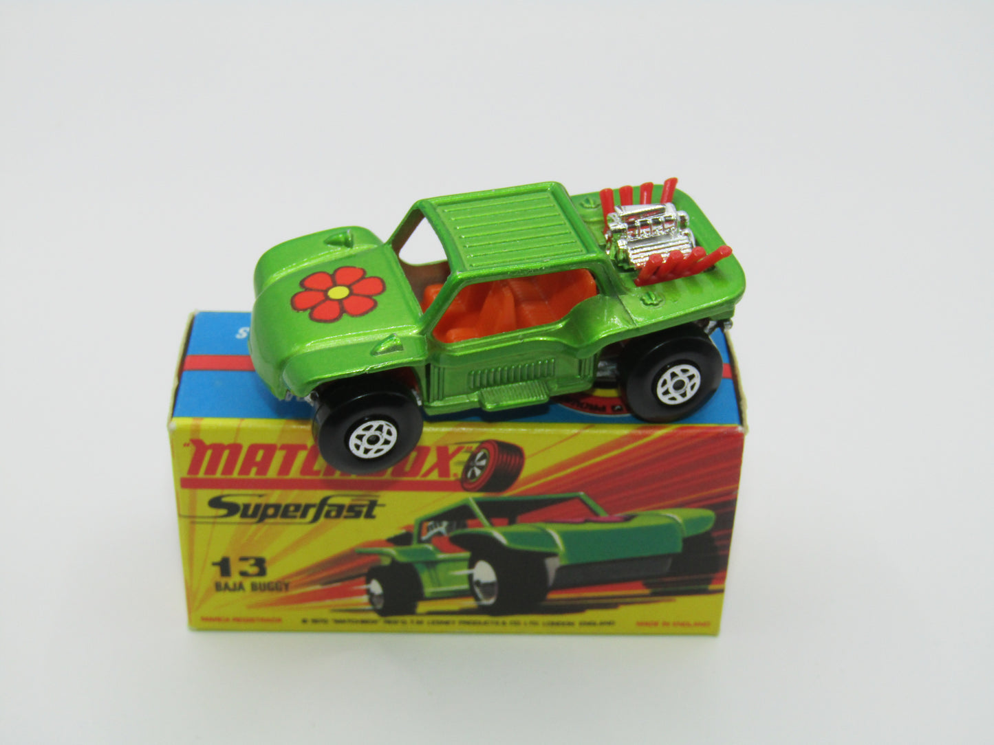 Matchbox Superfast No 13B Baja Buggy DARK METALLIC Green, Red Flower Label Red Engine Pipes