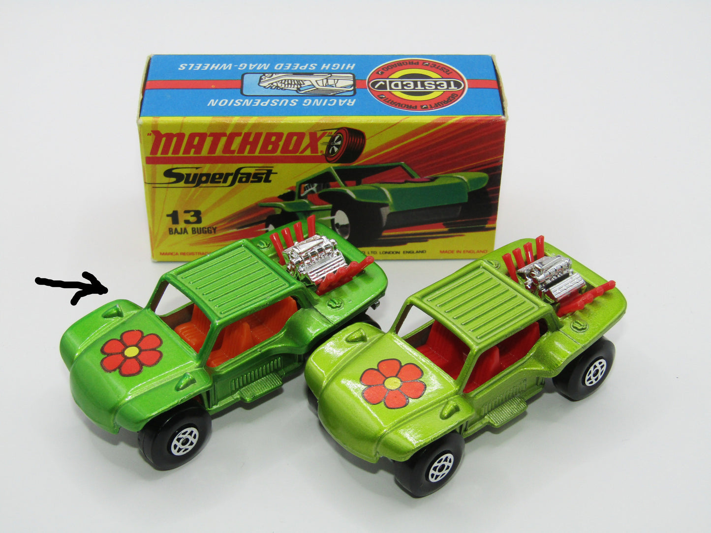 Matchbox Superfast No 13B Baja Buggy DARK METALLIC Green, Red Flower Label Red Engine Pipes