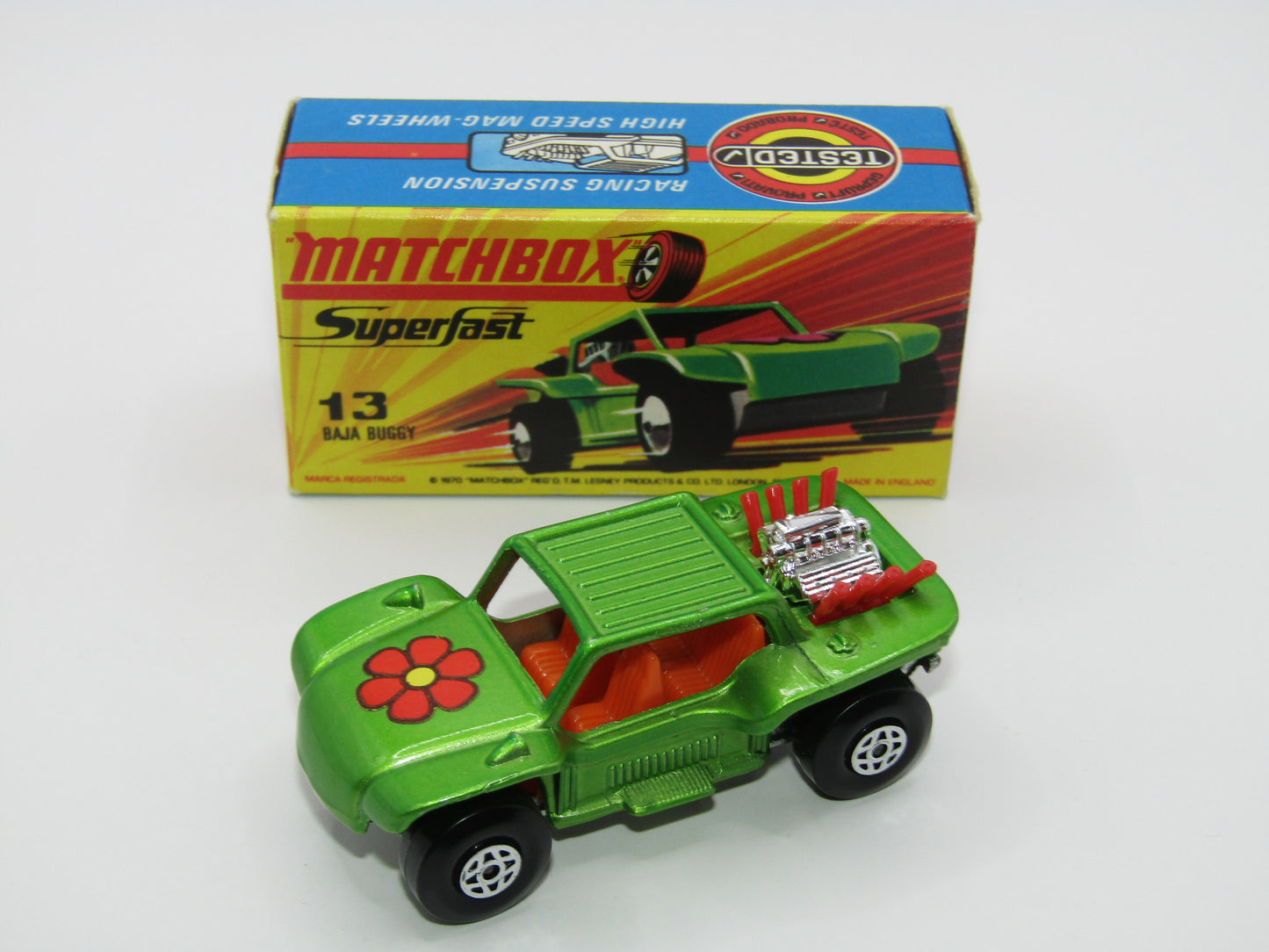 Matchbox Superfast No 13B Baja Buggy DARK METALLIC Green, Red Flower Label Red Engine Pipes