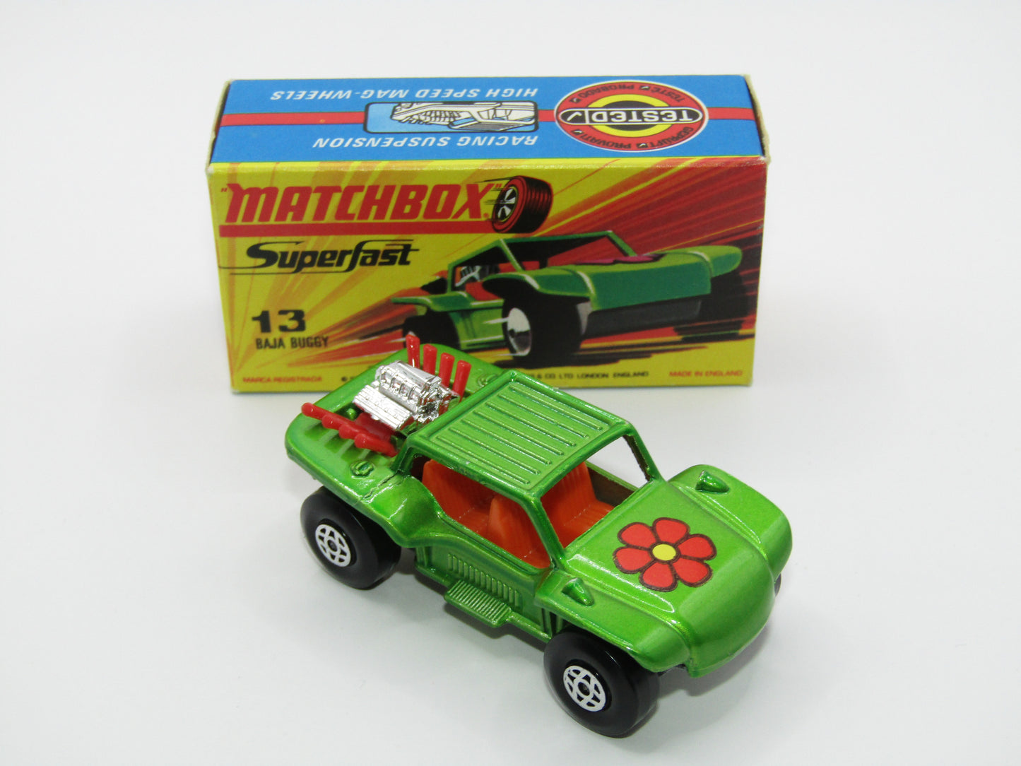 Matchbox Superfast No 13B Baja Buggy DARK METALLIC Green, Red Flower Label Red Engine Pipes