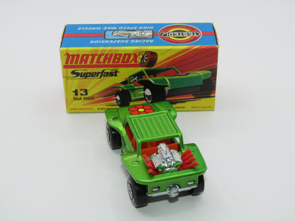 Matchbox Superfast No 13B Baja Buggy DARK METALLIC Green, Red Flower Label Red Engine Pipes